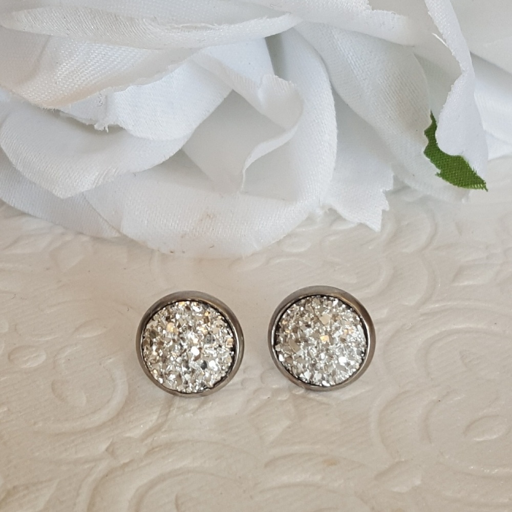 5 For $25.00- 10 mm Silver Druzy Stud Earrings